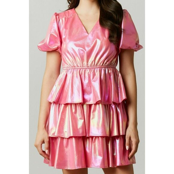 The Gumdrop Tiered Mini Dress in Iridescent Pink - Picture 5 of 5